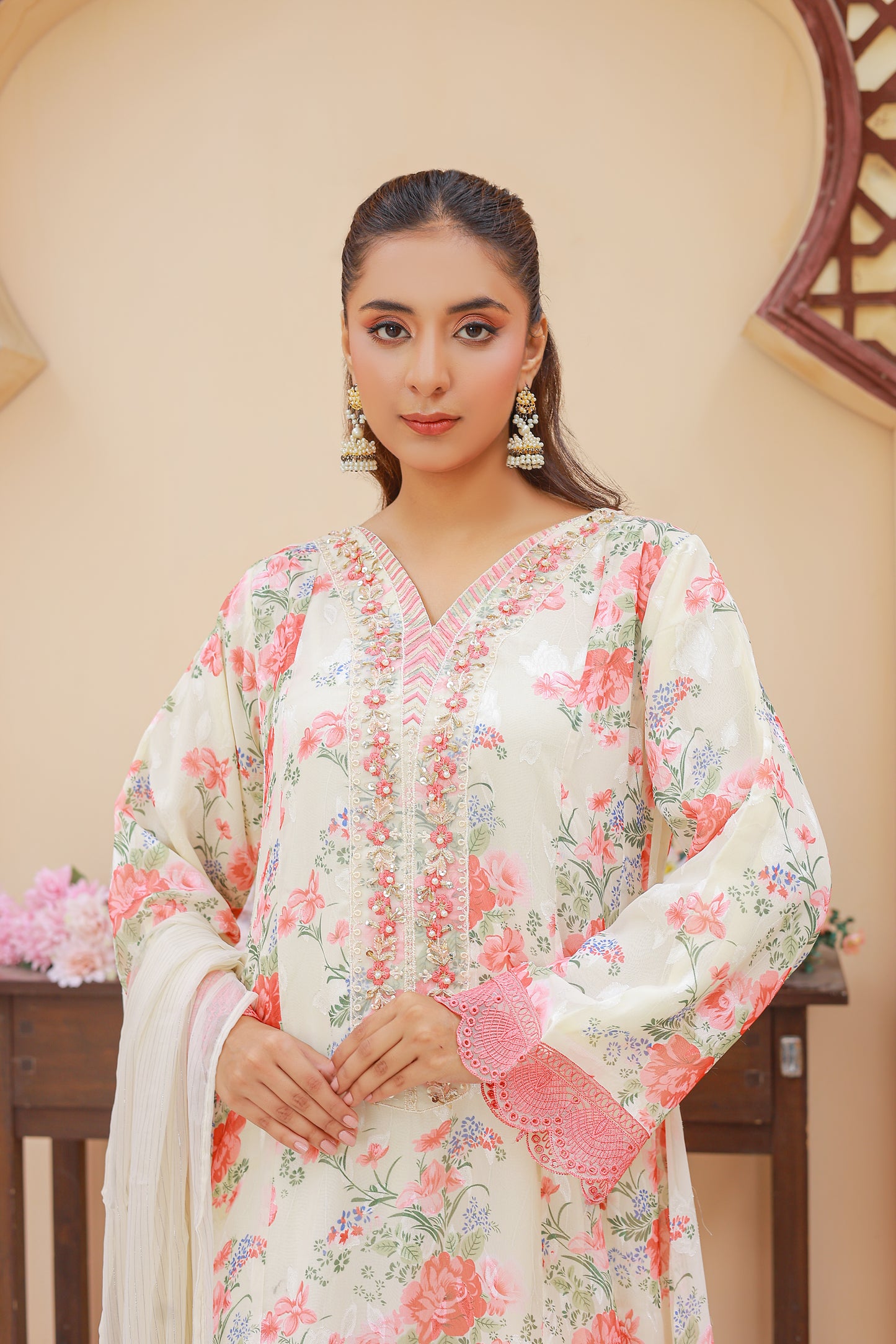 03-Piece Florence Printed And Chiffon Embroidered Suit