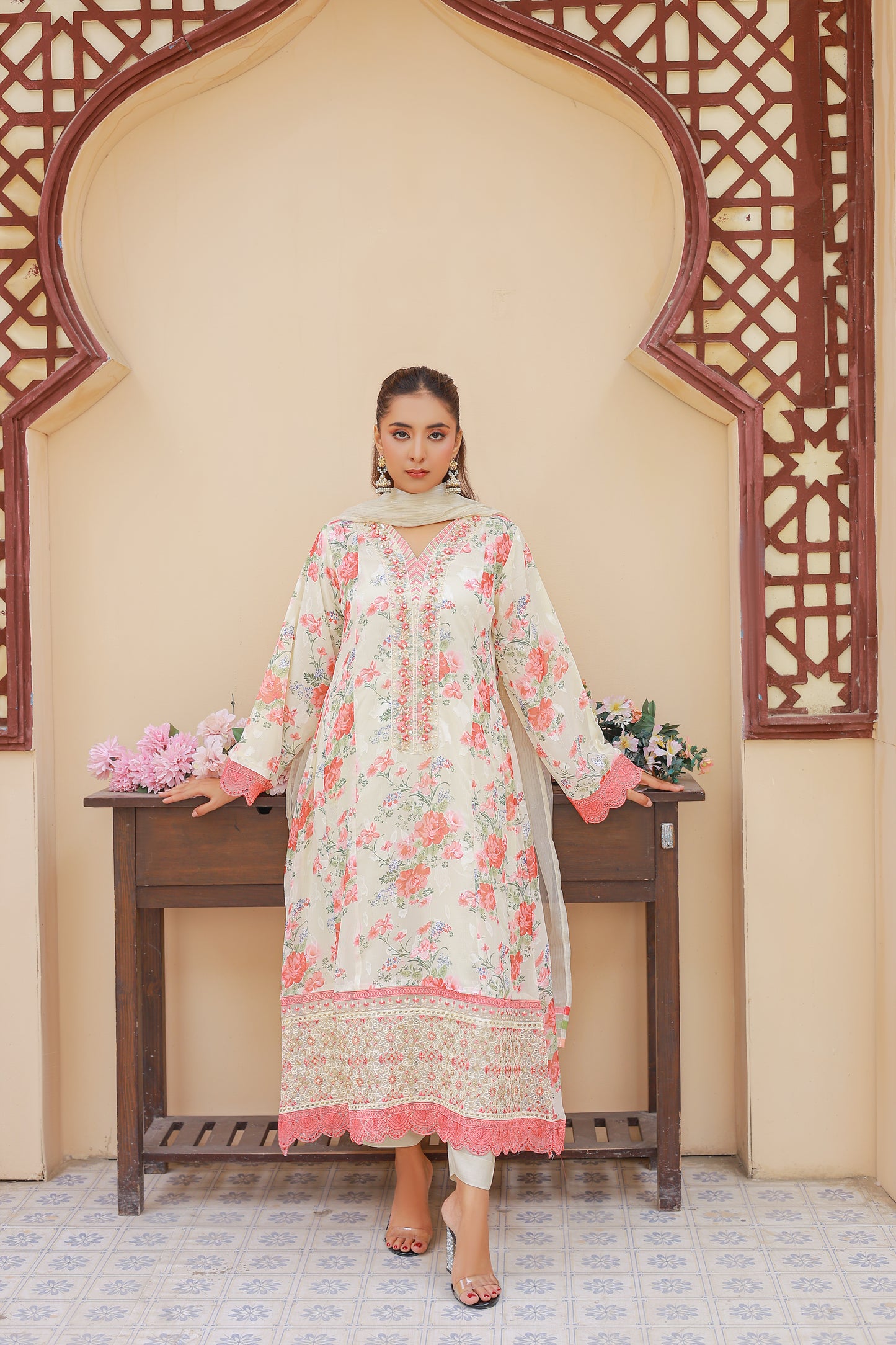 03-Piece Florence Printed And Chiffon Embroidered Suit