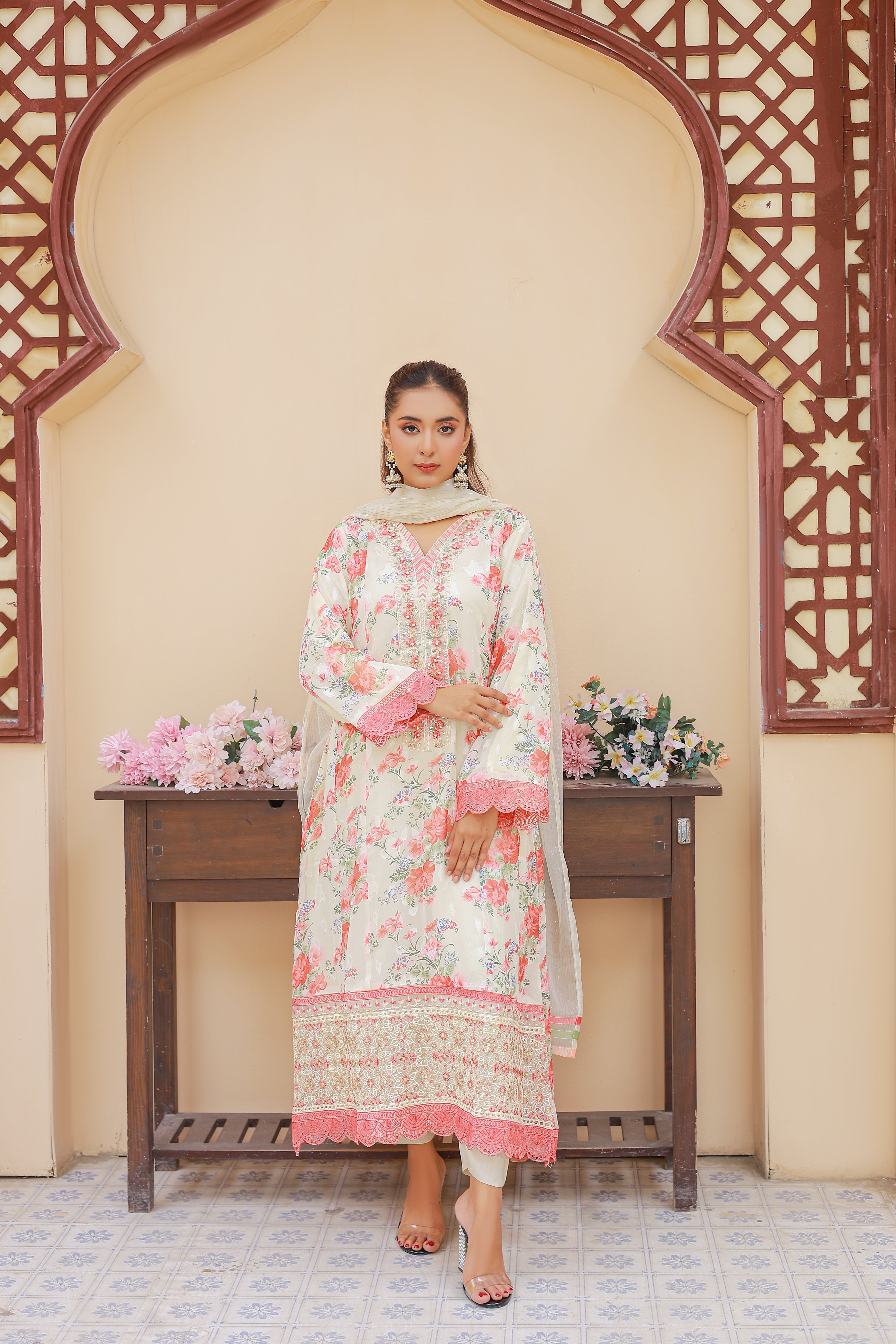 03-Piece Florence Printed And Chiffon Embroidered Suit