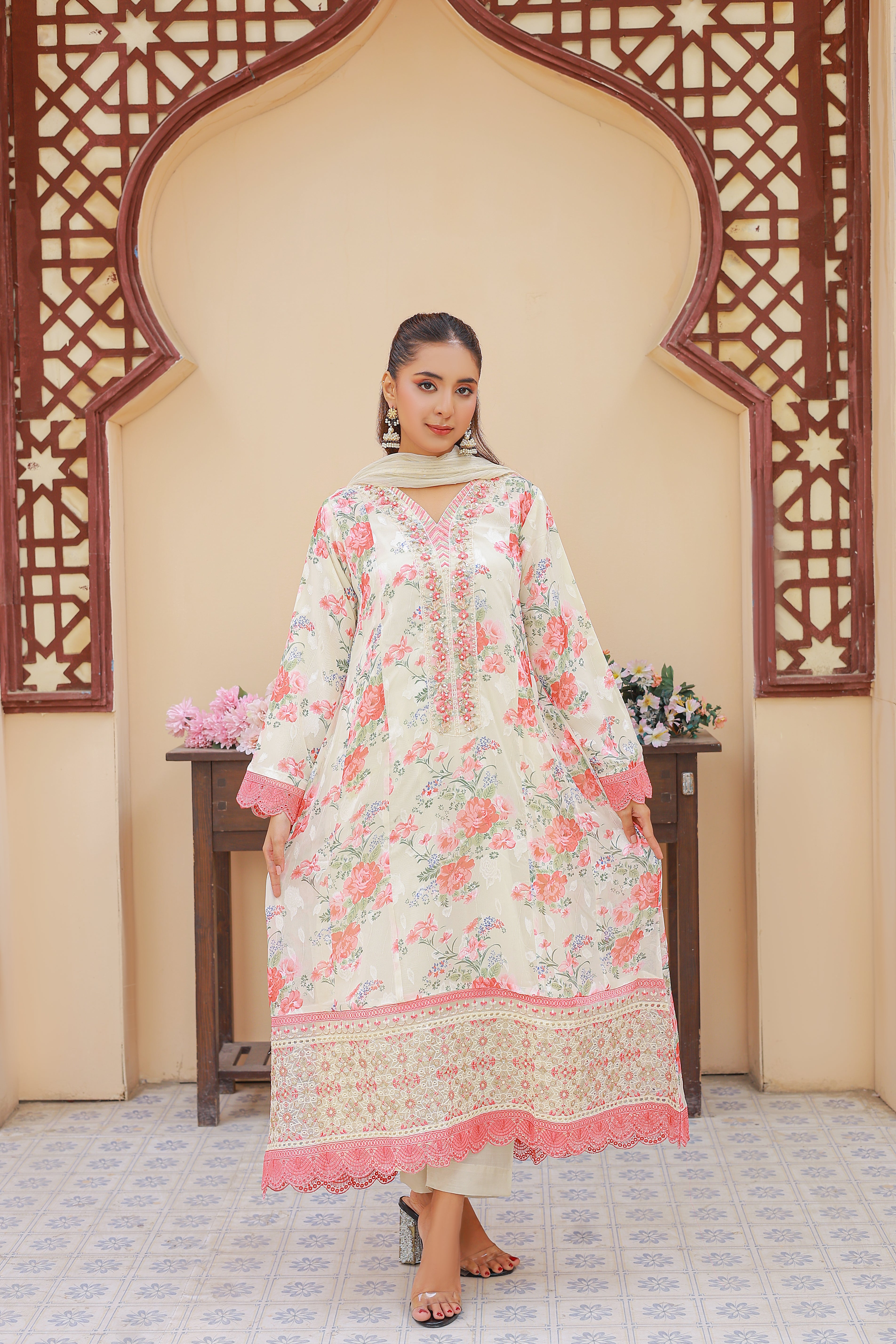 03-Piece Florence Printed And Chiffon Embroidered Suit