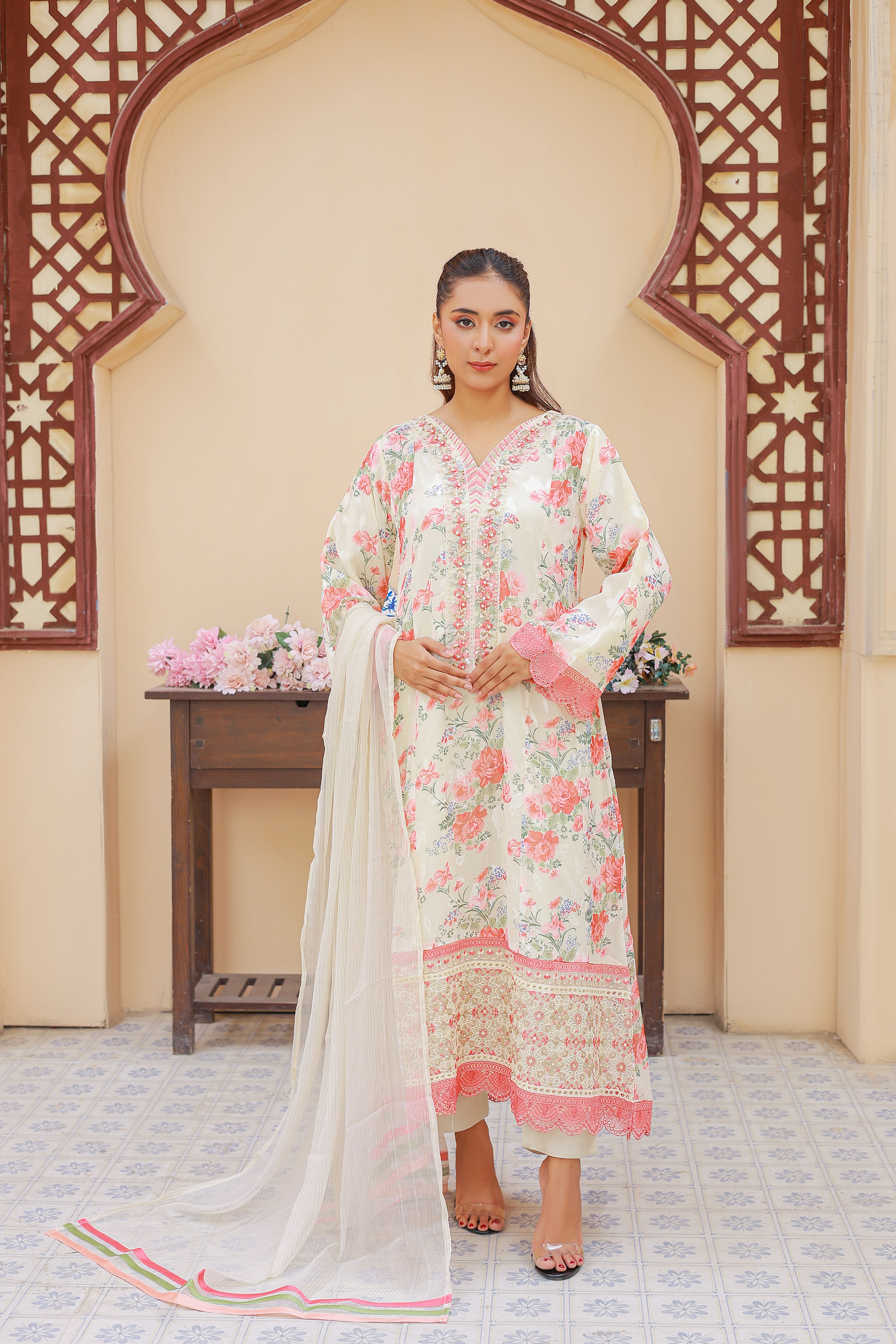 03-Piece Florence Printed And Chiffon Embroidered Suit