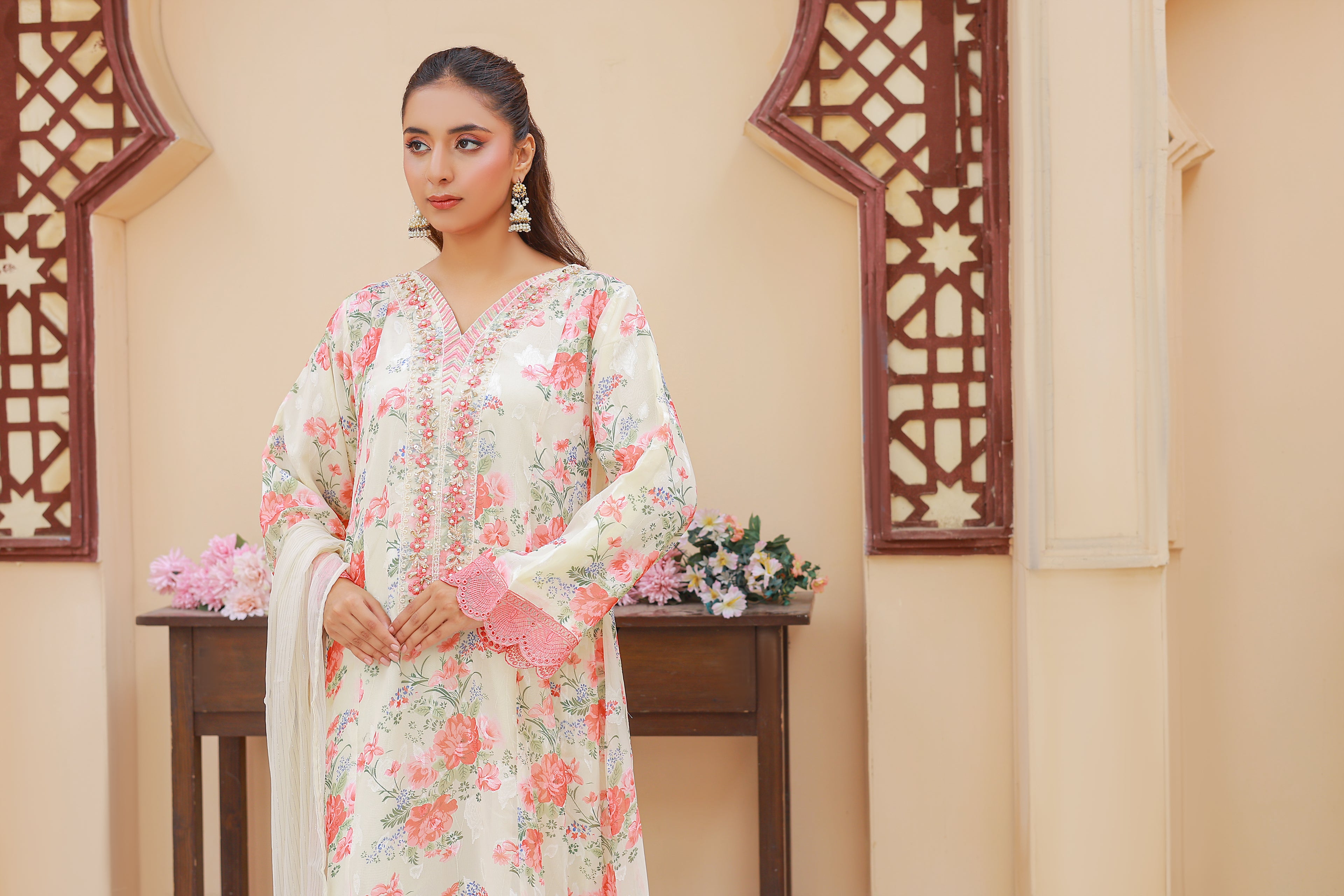 03-Piece Florence Printed And Chiffon Embroidered Suit