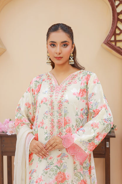 03-Piece Florence Printed And Chiffon Embroidered Suit