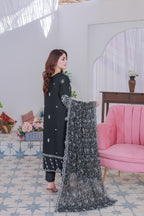 03-Piece Mahpara Embroidered Black Chiffon Suit