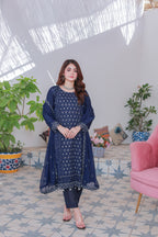 Mahpara 03-Piece Embroidered Blue Chiffon Suit