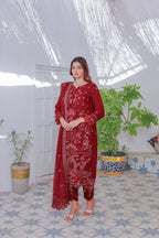 Mahpara 03-Piece Embroidered Red Chiffon Suit