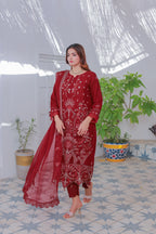 Mahpara 03-Piece Embroidered Red Chiffon Suit