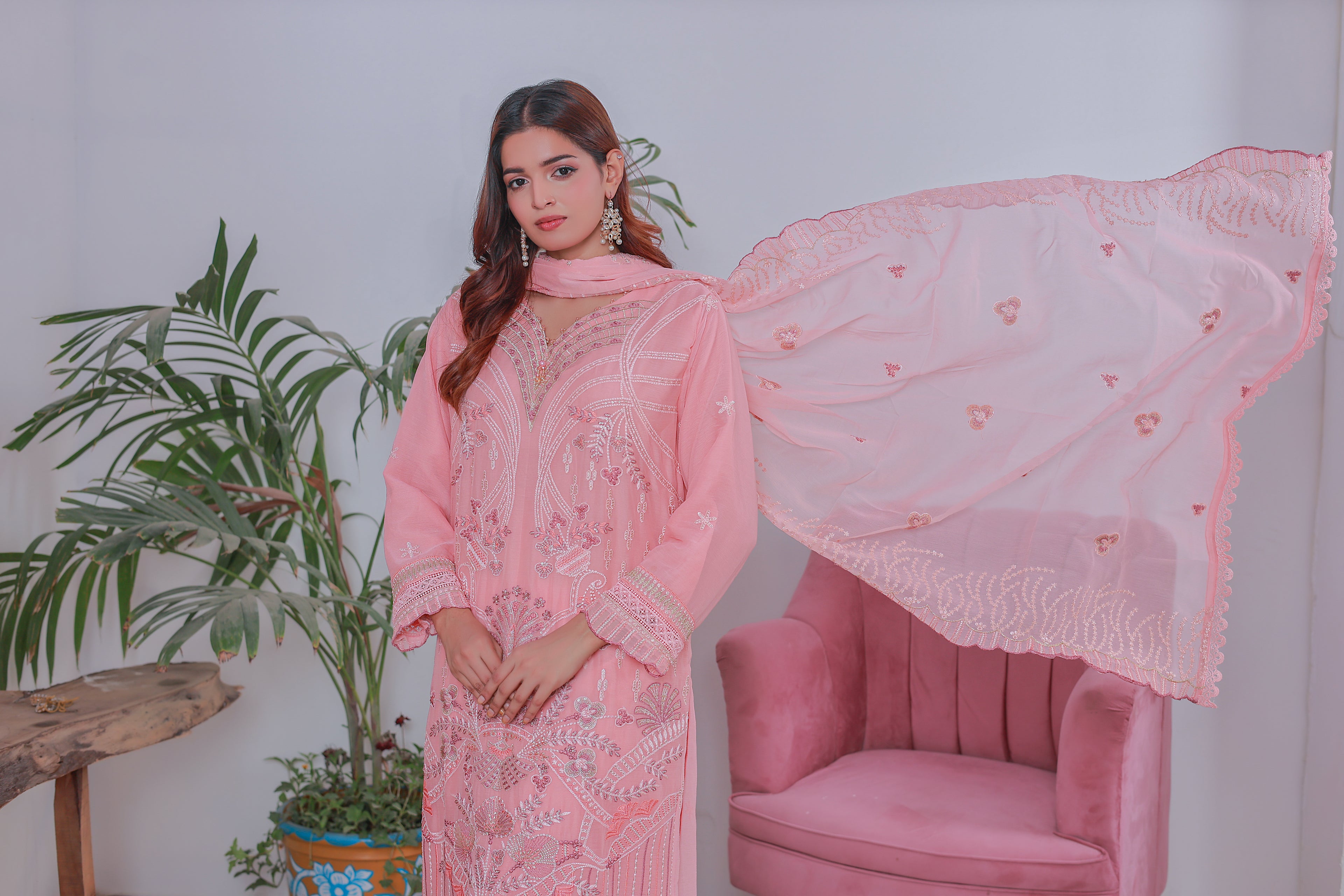Mahpara 03-Piece Embroidered Pink Chiffon Suit