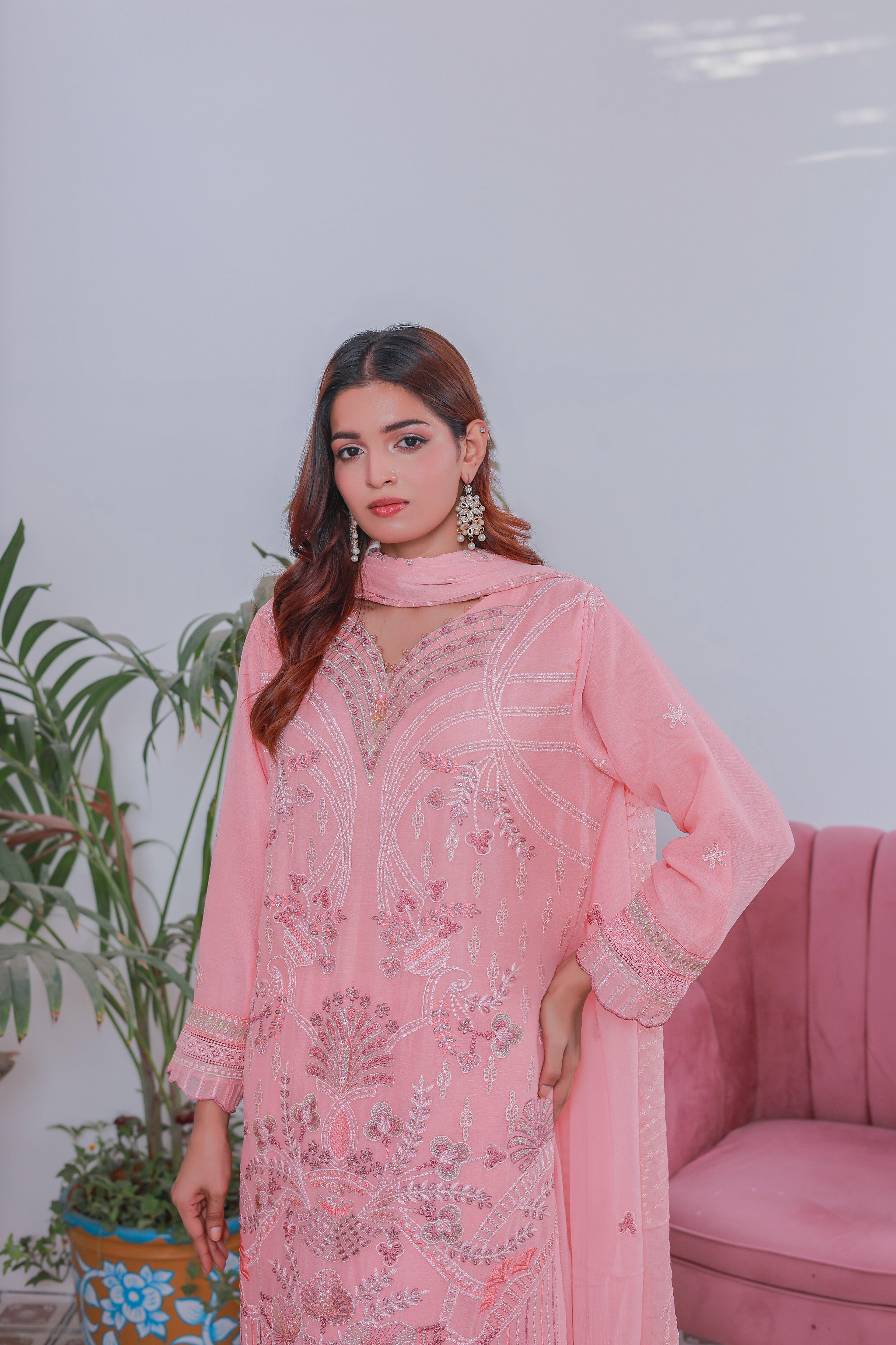 Mahpara 03-Piece Embroidered Pink Chiffon Suit
